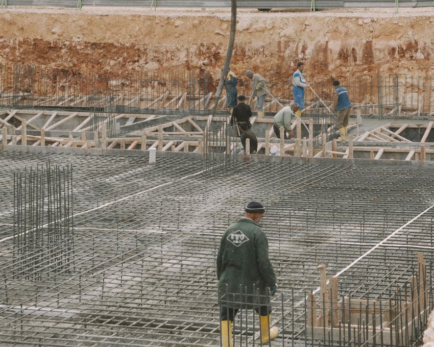 Reinforced concrete foundation with rebar at a job site
